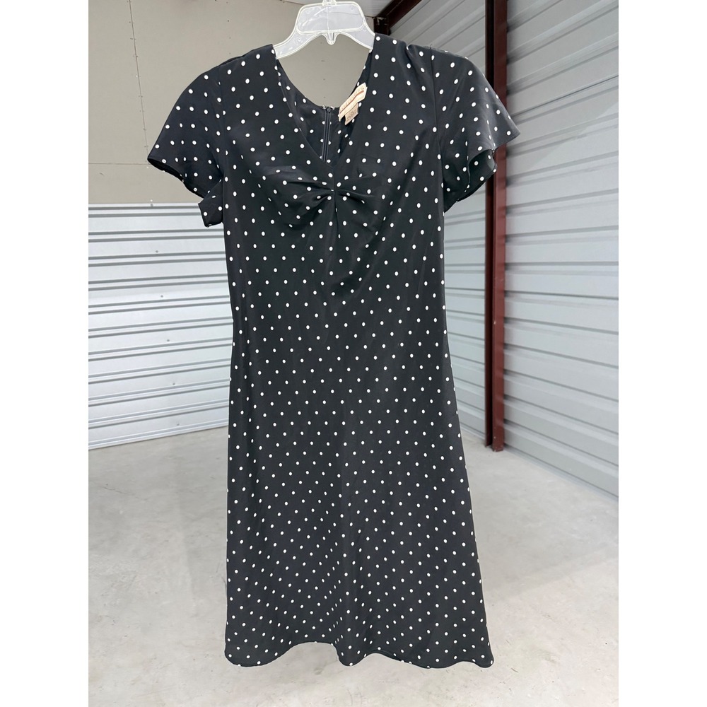 Expressions Polka Dot Dress Black White V-Neck Bow Detail Short Sleeve Size 12